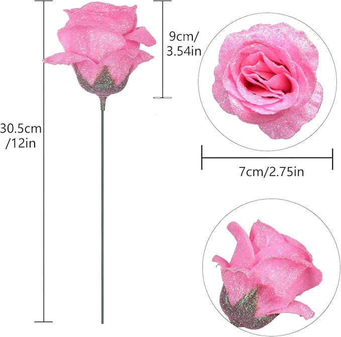 Artificial Roses,30PCS Fake Pink Glitter Roses Bouquet Bling Flowers for DIY Crafts Wedding Bouquet Party Home Decor(Pink)