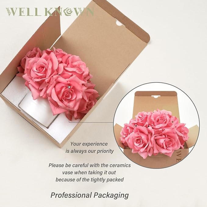 WELL KNOWN Artificial Flowers in Vase, Silk Rose Arrangement Mini Potted Realistic Fake Flowers with Ceramic Vase for Wedding Vanity Home Centerpiece Coffee Table Bathroom Anniversary Decor (Hot pink)