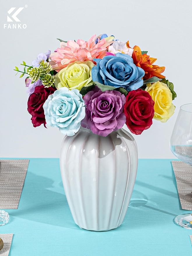 FANKO Artificial Flowers Rainbow Rose, Mixed Combo Fake Silk Flowers Blue & Red Rose Purple Burgundy Roses with Dahlia Assorted Blooms for DIY Wedding Bridal Bouquets/Centerpieces/Home Decor