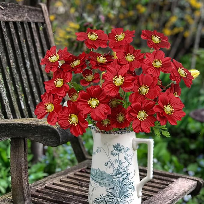 5 Pcs Artificial Flowers with Stems Faux Daisy Flowers Bouquet Red Gardenia Silk Flowers for Home Decor Indoor Vase Outdoors Balcony Table Centerpiece Outside Floral Arrangements Wedding