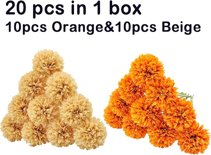 20Pcs Artificial Fake Flower Plants Silk Chrysanthemum Ball Hydrangea Arrangements Wedding Bouquets Decor Home Kitchen Garden Party Table Floral Centerpieces DIY (Beige&Orange)