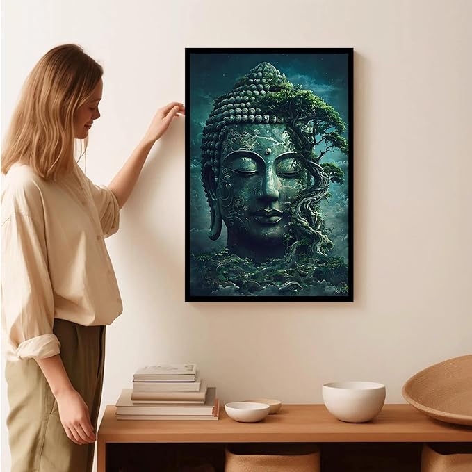 Buddha statue wall art canvas wall decor aesthetic picture mystical nature art for tranquil home and spiritual space 16x24in Metal blackFramed