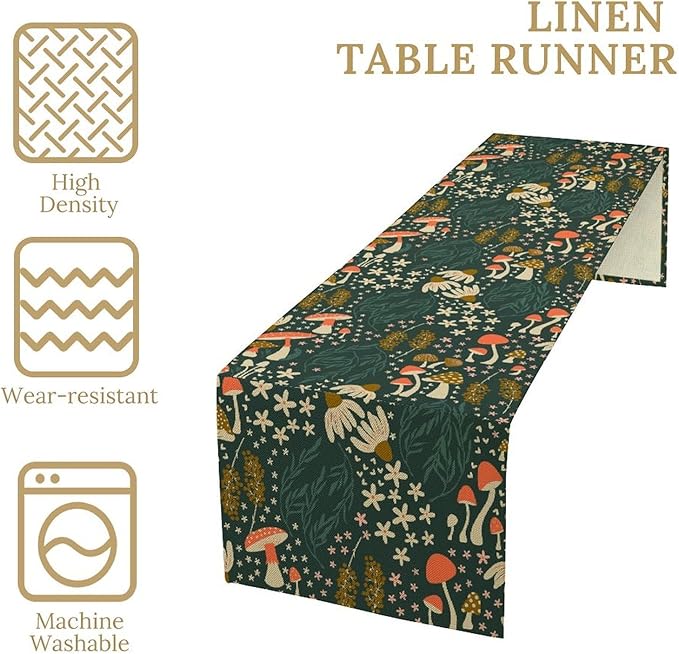 Mushroom Table Runner, Cartoon Woodland Summer Flowers Plants Forest Seasonal Spring Kitchen Dining Table Decoration for Home Party Decor, 13x36inch
