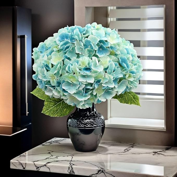 2Bouquets Artificial Fake Flowers Plants Silk Hydrangea Arrangements Wedding Bouquets Decorations Plastic Floral Home Kitchen Garden Party Festival Bar DIY (Light Blue,5 Flower Heads)