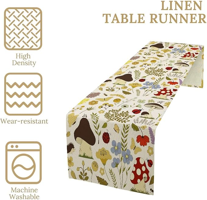 Mushroom Wildflower Table Runner Colorful Cartoon Style Cute Plants Dinner Runner for Farmhouse Cabin Home Kitchen Dining Holiday Party Decor 13x60in