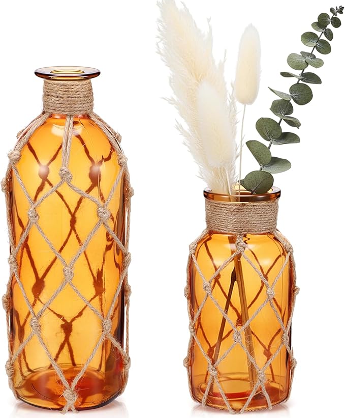 Chuangdi Set of 2 Coastal Glass Vases for Flower Small Flower Vase with Boho Rope Wrapping Beach Decorative Bottle for Coastal Nautical Table Centerpiece Wedding Floral Arrangement Decor(Amber)