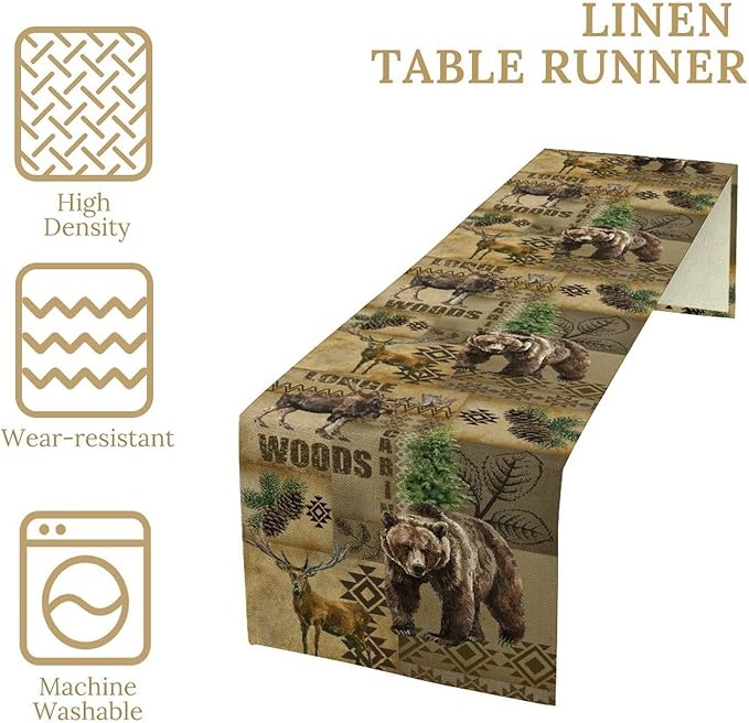 Rustic Cabin Table Runner, Farmhouse Deer Bear Retro Pine Forest Native Aztec Wild Animal Seasonal Coffee Table Center Decor for Home Kitchen Dining Patio Holiday Party Table Decorations 13x36 inches