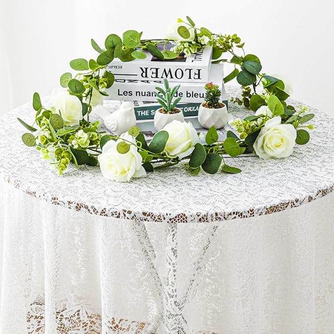 3 Pcs Total 18Ft Artificial Eucalyptus Flower Garland, Faux Eucalyptus Garland with White Roses Fake Flowers Vines for Centerpiece, Wedding, Party, Table, Background, Arch, Indoor Outdoor Decor