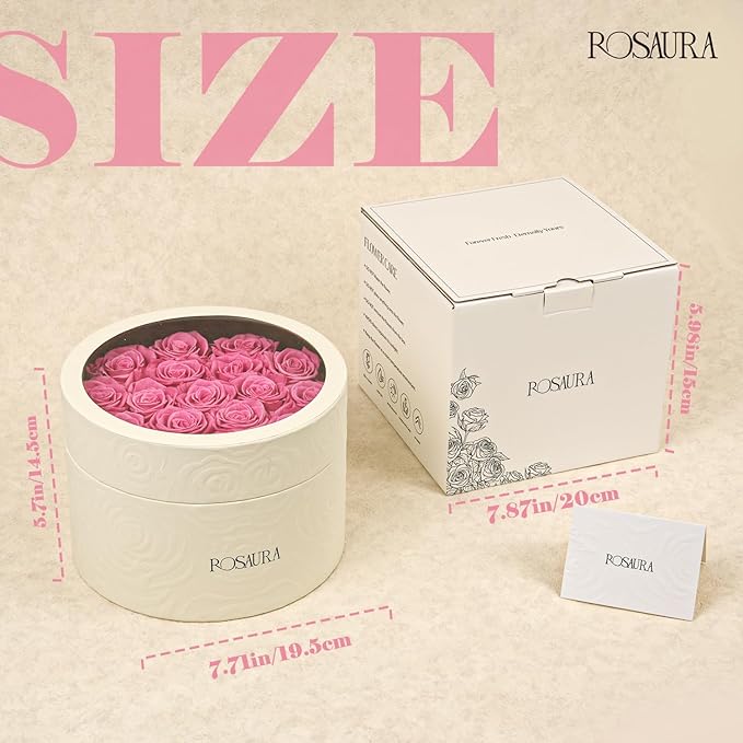Rosaura Round Preserved Roses Gift Box - Real Forever Flowers for Birthday, Valentine's & Mother's Day (Pink, 17 Roses)