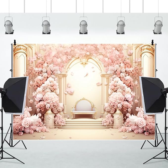 AOFOTO 15x10ft Wedding Backdrop Palace Hall Wall Spring Pink Flower Arch Background for Photography Bridal Shower Valentine's Day Prom Decoration Banner Girl Portrait Photo Booth Backdrop