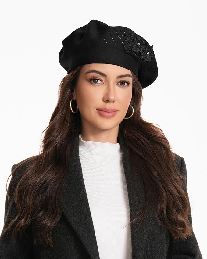 Flower Embroidery Beret Hat for Women, French Style Knitted Beret Hats, Stylish Solid Color Beret Cap for Women Girls Lady