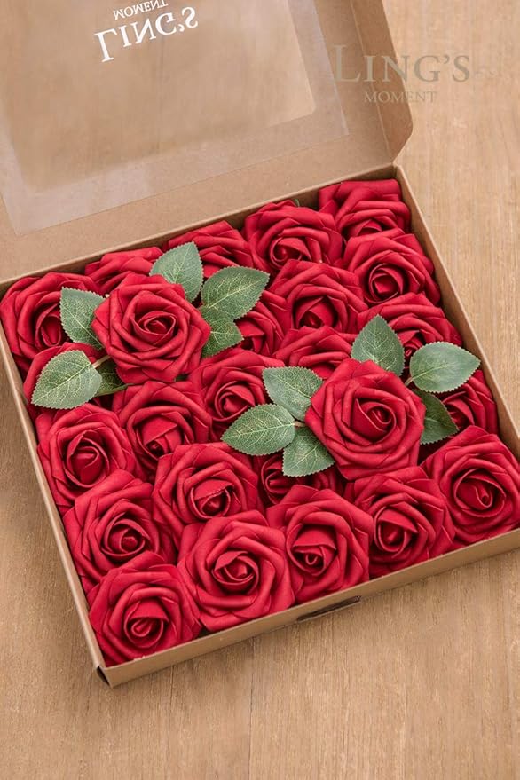 Ling's moment Artificial Flowers 50Pcs Kentucky Red Roses Decor w/Stems,3" Real Touch DIY Foam Floral for Wedding Bouquet/Centerpieces, Outdoors Party Backdrop, Room/Table, and Garden/Pot Decorations