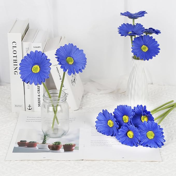 IPOPU Daisies Flowers Artificial,20PCS Gerbera Daisy Artificial Flowers Royal Blue Fake Daisies for Wedding Party Office Home Decorations(Royal Blue)