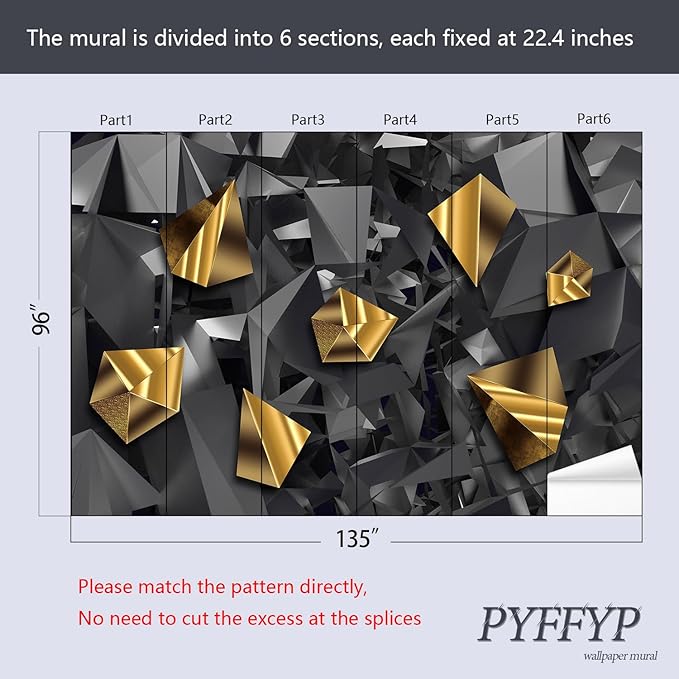 PYFFYP- 3D Grey and Gold Geometric Wallpaper Wall murals for Bedroom(Not Peel and Stick)