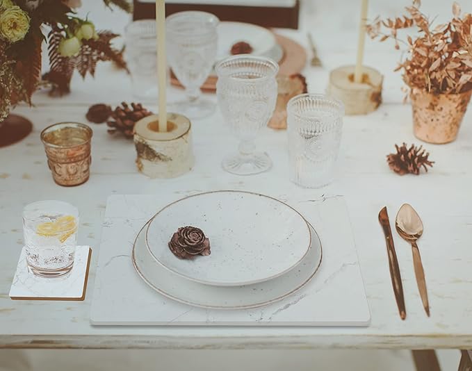 Set of 4 Heat Resistant Cork Placemats for Dining Table with Free Set of 4 Matching Drink Coasters Marble Design 16 x 12 Inches Cork Backed Hard Placemats (White Marble)