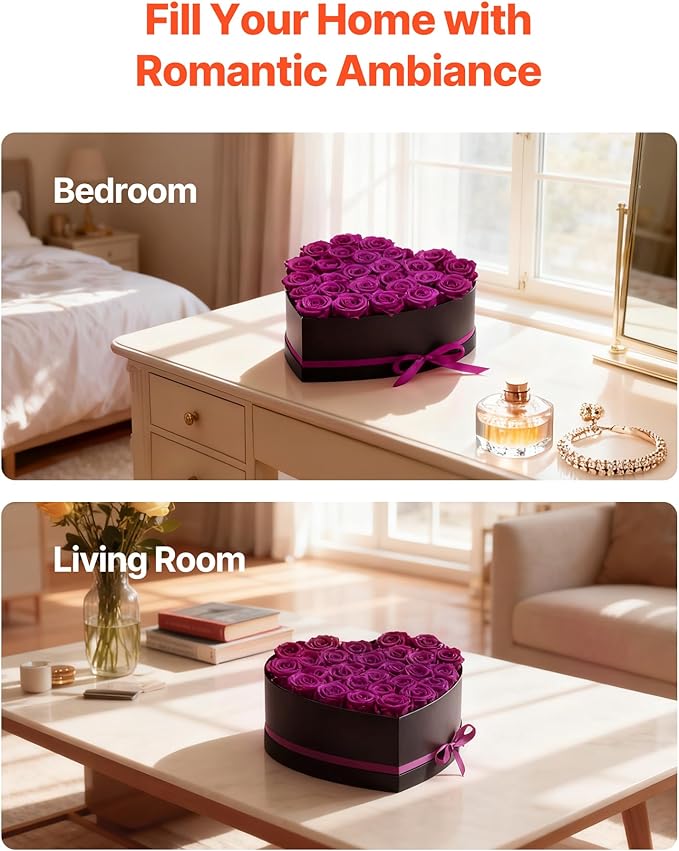 VEVOR Forever Flowers, 27 Preserved Roses in Heart Shape Box, Eternal Flowers Immortal Bouquet Birthday Present for Women Her Wife Mothers, Anniversary, Valentine's Day,Christmas, Purple