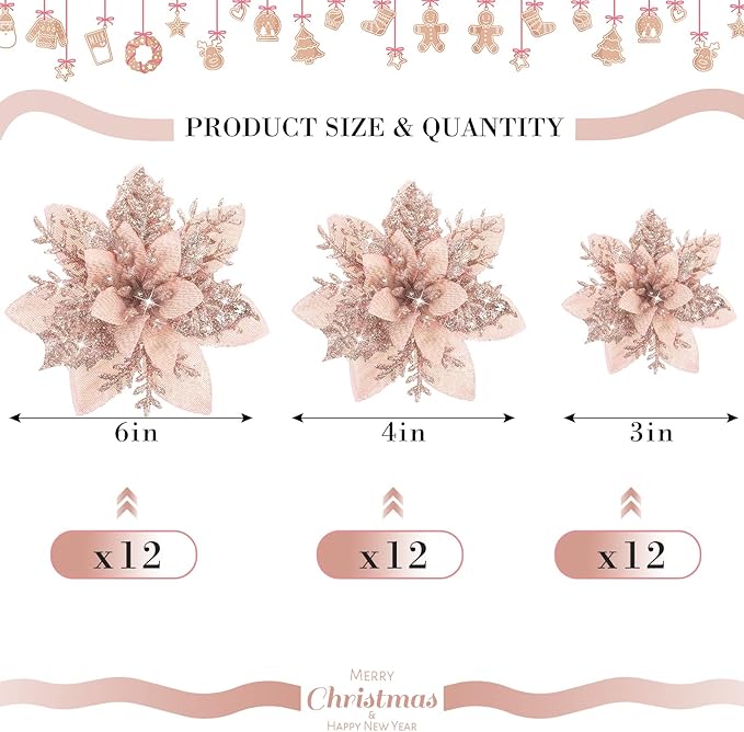 Geosar 36 Pcs Christmas Glitter Artificial Poinsettia Flowers Xmas Poinsettia Artificial Wedding Flowers Decorations Xmas Tree Ornaments with Clips for Party, 6 Inch, 4 Inch, 3 Inch(Rose Gold)