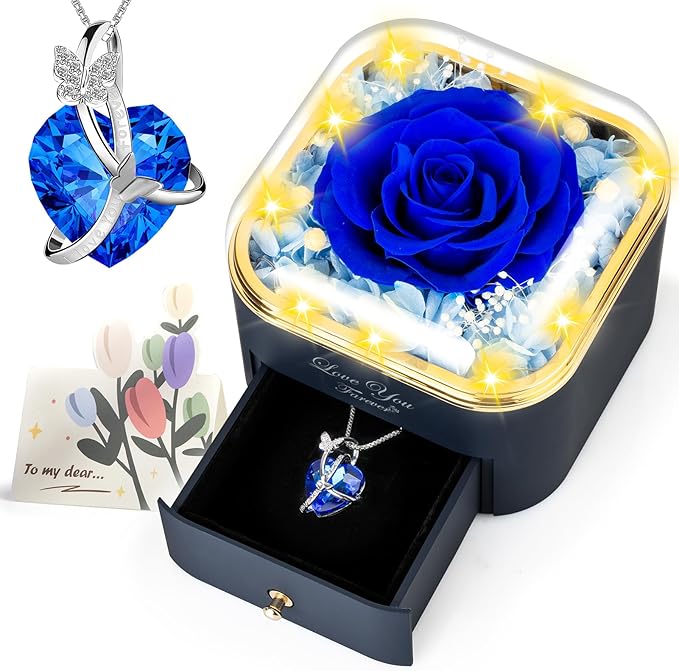 Preserved Blue Real Rose with Necklace Jewelry Box -Eternal Flowers Rose Gifts for Grandma Wife Girlfriend on Valentines Mothers Day Christmas Birthday Anniversary Romantic Gifts for Her