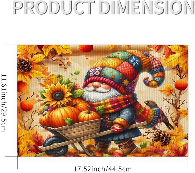 Autumn Gnome Pumpkin Flower Placemats Set of 1 PVC Vinyl Non Slip Table Mats Heat Resistant Place Mats Washable Wipeable Dining Table Mat for Kitchen Decor Party Indoor Outdoor Decorative Gift