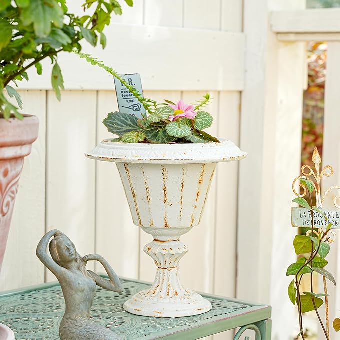 Sungmor Cast Iron Tabletop Flower Vase, Vintage Pretty French Urn Planter Design, 7" Tall 6.6" Wide Decorative Centerpieces Flower Stand Plants Holder, Artificial Flower Arrangements Home Decor