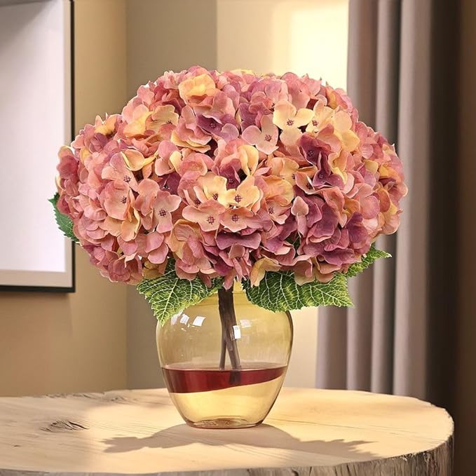 2Bouquets Artificial Fake Flowers Plants Silk Hydrangea Arrangements Wedding Bouquets Decorations Plastic Floral Home Kitchen Garden Party Festival Bar DIY(Champagne-Dusty Pink)