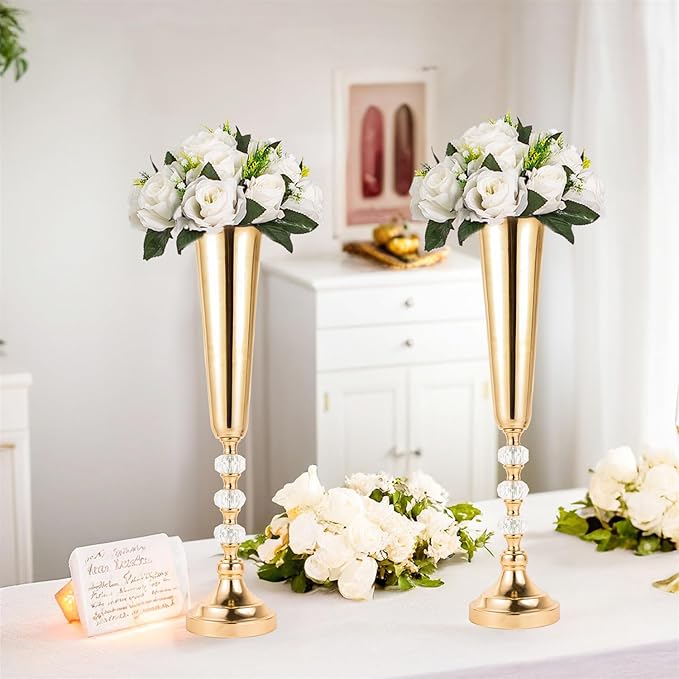 Tabletop Metal Vase Set of 2, Decorative Gold Vases for Centerpieces, Trumpet Vases for Flowers, Tall Table Flower Arrangements for Anniversary Birthday Party Wedding Home Decor (Gold- 2pcs)
