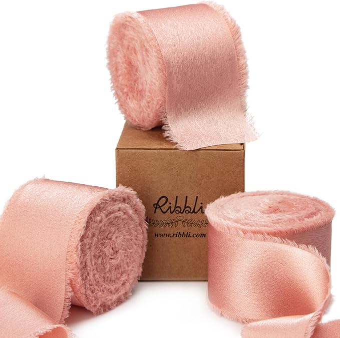Ribbli Rose Gold Silk Satin Ribbon 1.5 Inch x 30 Yard Handmade Frayed Chiffon Rose Gold Ribbon for Gift Wrapping Wedding Invitations Bridal Bouquets Home Decor