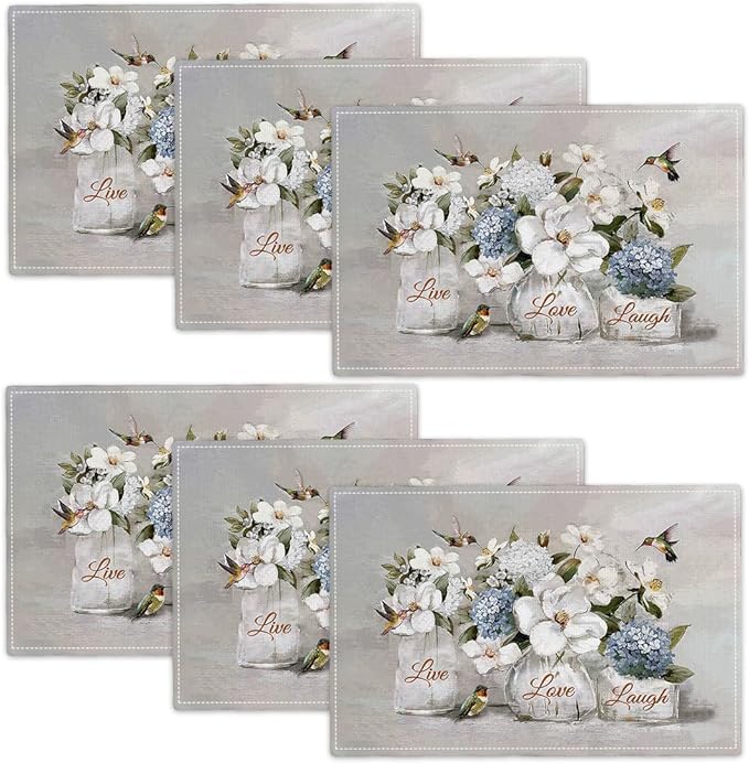 White Flower Placemats Set of 6, Hummingbirds Floral Live Love Laugh Double-Sided Table Mats for Kitchen Dining Room Home Party Indoor 6 PCS 12x18 Inch