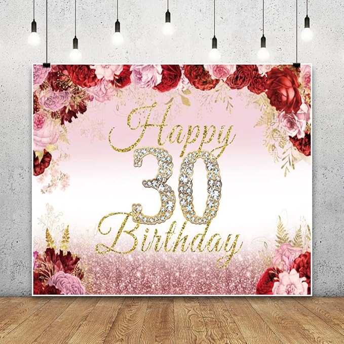 10x8ft Happy 30th Birthday Backdrop Pink Red Rose Flower Bush Garden Birthday Photography Background Floral Themed Women 30th Birthday Party Decoration