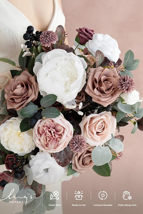 Ling's moment Pink Wedding Bouquets for Bride, Dusty Rose and Mauve Bridal Bouquets for Bride, 15 Inch Free Form Artificial Wedding Flowers Bouquets