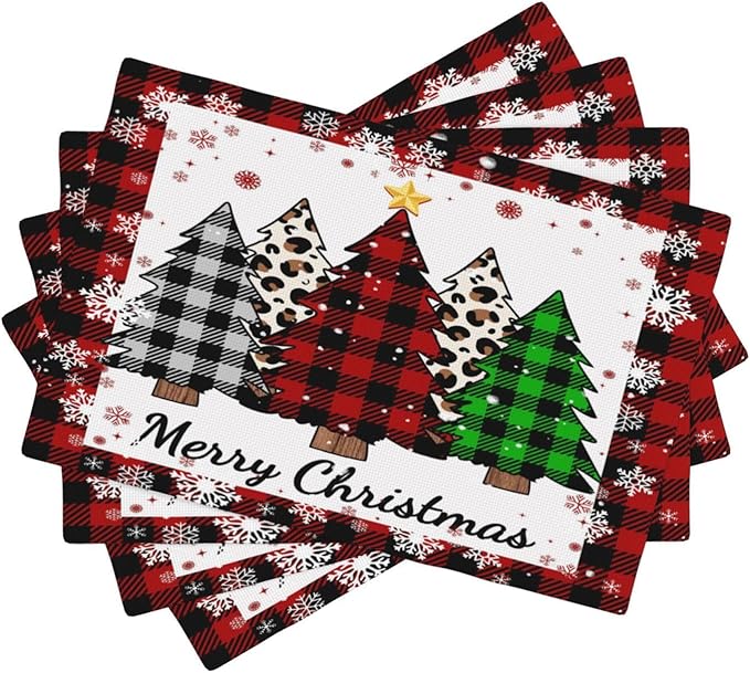 Christmas Tree Placemats Red Country Farmhouse Buffalo Plaid Winter Snowflake Christmas Tree Placemats Table Kitchen Dining Party 12x18 Inch Set of 6