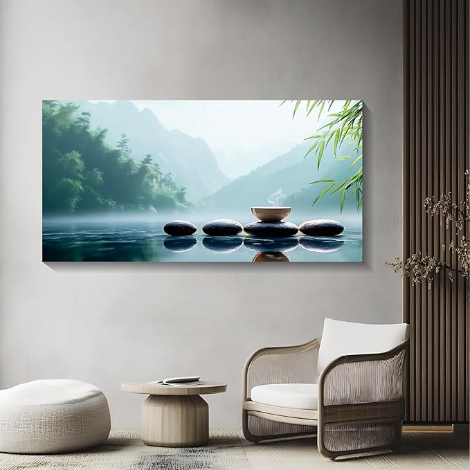 Iallbin Buddha Wall Art & Zen Wall Decor, White Lotus on Water Canvas Painting - for Yoga Meditation Room, Spa & Bathroom,Iallbin Zen Stone Wall Art & Zen Wall Decor, Blending the essence of landscape artistry - for Yoga Meditation Room, Spa & Bathroom...