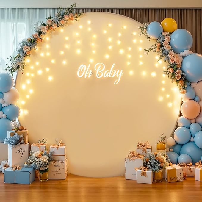 7.2 FT White Round Backdrop Cover with Lights String for Circle Arch Stand Circle Backdrop Cover with LED Fairy Lights for Wedding Arch Baby Shower Birthday Party Photo Shoot Photography Background
