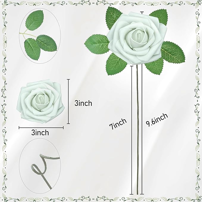 Artificial Flowers, 25pcs Artificial Rose for DIY Wedding Bouquets Centerpieces Arrangements, Light Green Rose Flowers with Stem for Bridal Shower Party Home Decorations