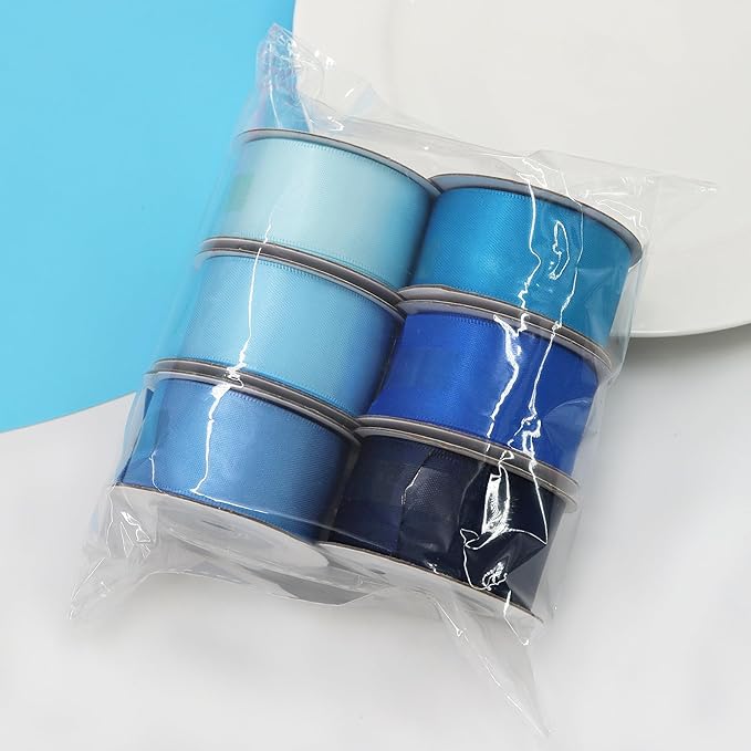 Double-Face Blue Satin Ribbon for Gift Wrapping, Wedding, Baby Shower, Boy 6 Colors Satin Ribbon 1" X 5 Yard Each Total 30 Yds Per Package