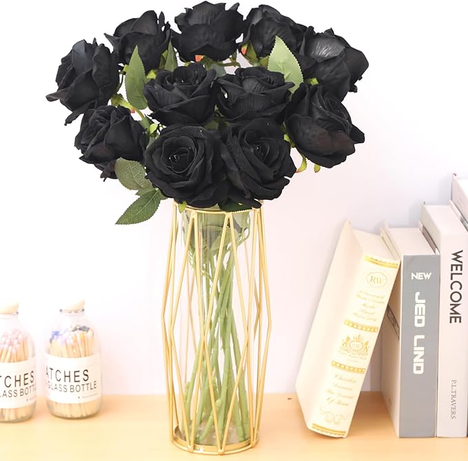 Cloudecor 15Pcs Black Roses Artificial Flowers Fake Roses Long Stem Velet Rose Silk Flowers for Home Wedding Decoration (Round Rose,Black)
