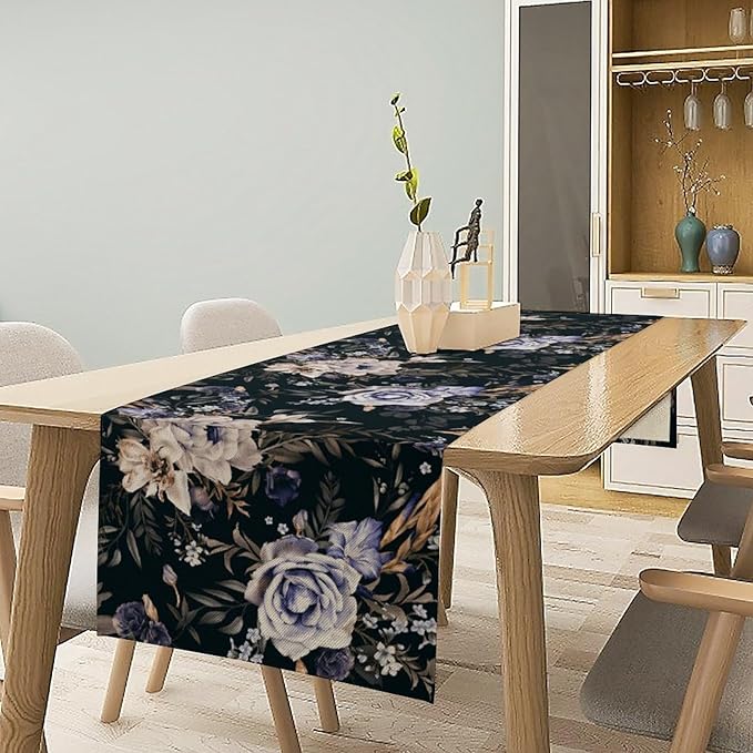 Dark Botanical Table Runner, Gothic Vintage Purple Garden Flowers Herbs Print Print Table Cover for Kitchen Dining Home Decor Wreath Party Decoration, 13x60inch