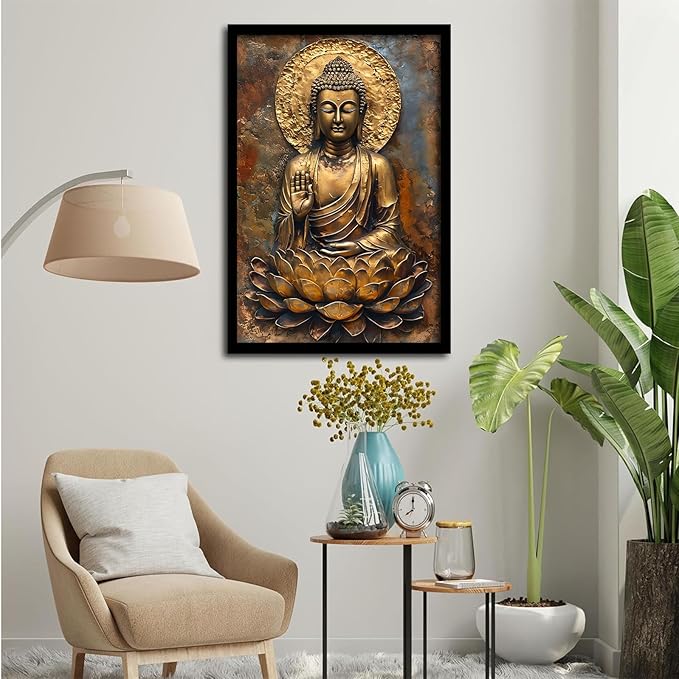 Buddha Wall Art Golden Buddha in Lotus Seat Serene spiritual statue radiant aura Meditation and mindfulness wall art suitable for sacred spaces 12x18in Metal blackFramed