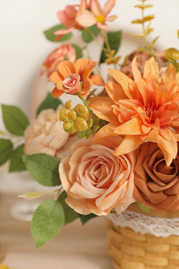 Orange Artificial Flowers Box Set for DIY Bridal Bouquets Wedding Shower Decorations Fake Floral Arrangements for Party Table Centerpieces Home Decor Indoor Outdoor