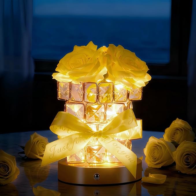 Christmas Gifts for Woman, Touch Crystal Rose Lamp, Elegant Flower lamps, Yellow Roses Crystal Lights Base, Yellow Nightlight, Gifts for Her, Mom, Wife, Girlfriend, Valentines, Birthday Gifts