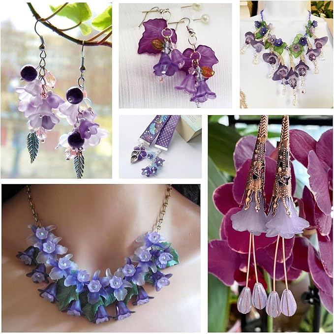 Crafans 50Pcs Frosted Acrylic Flower Beads Purple Flower Bead Caps Transparent Floral Pendants Clear Loose End Spacer Beads for Jewelry Making 17.5x12x1.5mm
