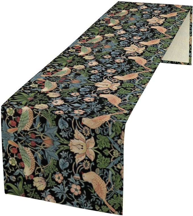 Vintage William Morris Floral Table Runner, Flowers Blue Botanical Printed Table Runner for Home Kitchen Dining Table Decoration,13x90 Inch
