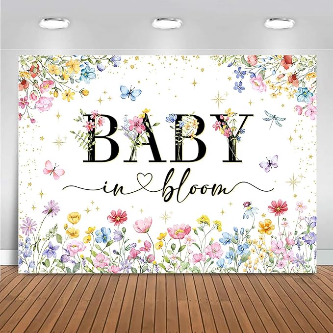 Mocsicka Wildflower Backdrop Baby in Bloom Floral Baby Shower Decorations Girls Butterfly Golden Dot A Little Wildflower is On The Way Decorations for Baby Shower Background Banner