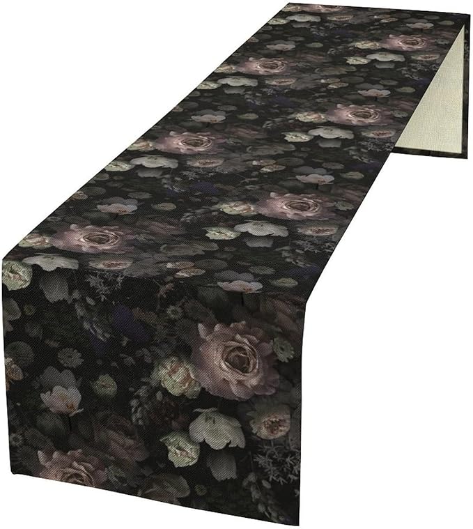 Gothic Floral Table Runner,Vintage Black Pink Rose Print Table Runner for Home Kitchen Table Dining Indoor Outdoor Party Decor 13x90 Inch