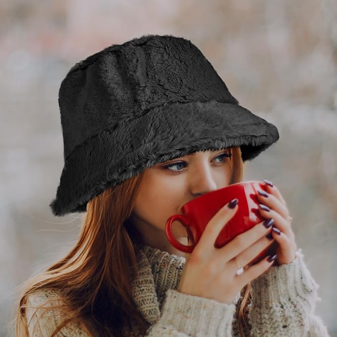 Winter Soft Faux Fur Plush Bucket Hat, Lovely Fisherman Cap, Fashion Outdoor Thick Warm Sun Cap for Women