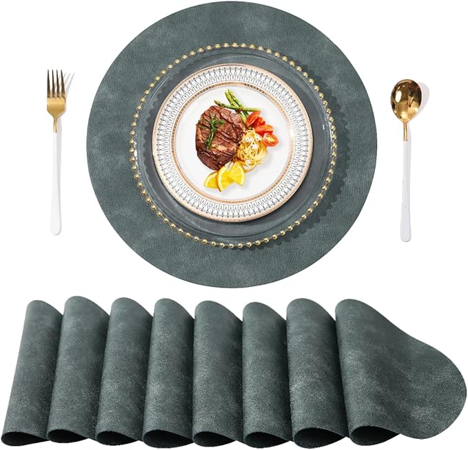 UnivoColors PU Leather Placemats Set of 8,15 Inches Round Washed Cowhide Pattern Table Mats for Dining Table, Kitchen, Party Decoration(Retro Blue)