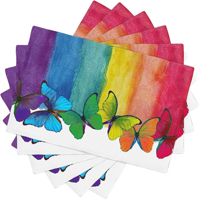 Rainbow Butterfly Placemats Set of 6,Colorful Butterfly Kids Girls Birthday Party Decor Washable for Kitchen Dining Table Heat Resistant Decorative Colth Table Mats 6 PCS, Style-2