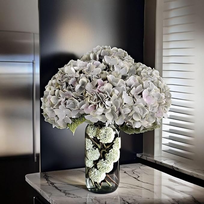 2Bouquets Artificial Fake Flowers Plants Silk Hydrangea Arrangements Wedding Bouquets Decorations Plastic Floral Home Kitchen Garden Party Festival Bar DIY (Gray Green,5 Flower Heads)