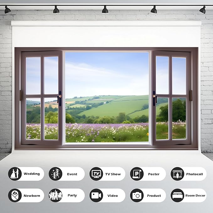 Window Scenery Photography Backdrop Open Window with View of Meadows and Fields Background Plants Flowers Background Party Banner Wall Decor Baby Kids Family Photo Shoot Props 6x4ft
