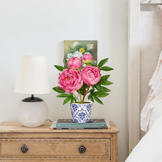 Briful Faux Peony Flowers in Blue and White Ceramic Pot – 13.8" Realistic Silk Peonies Artificial Peony Floral Arrangement Fake Potted Peony Flowers for Home Office Room Desk Shelf Decoration(Pink)